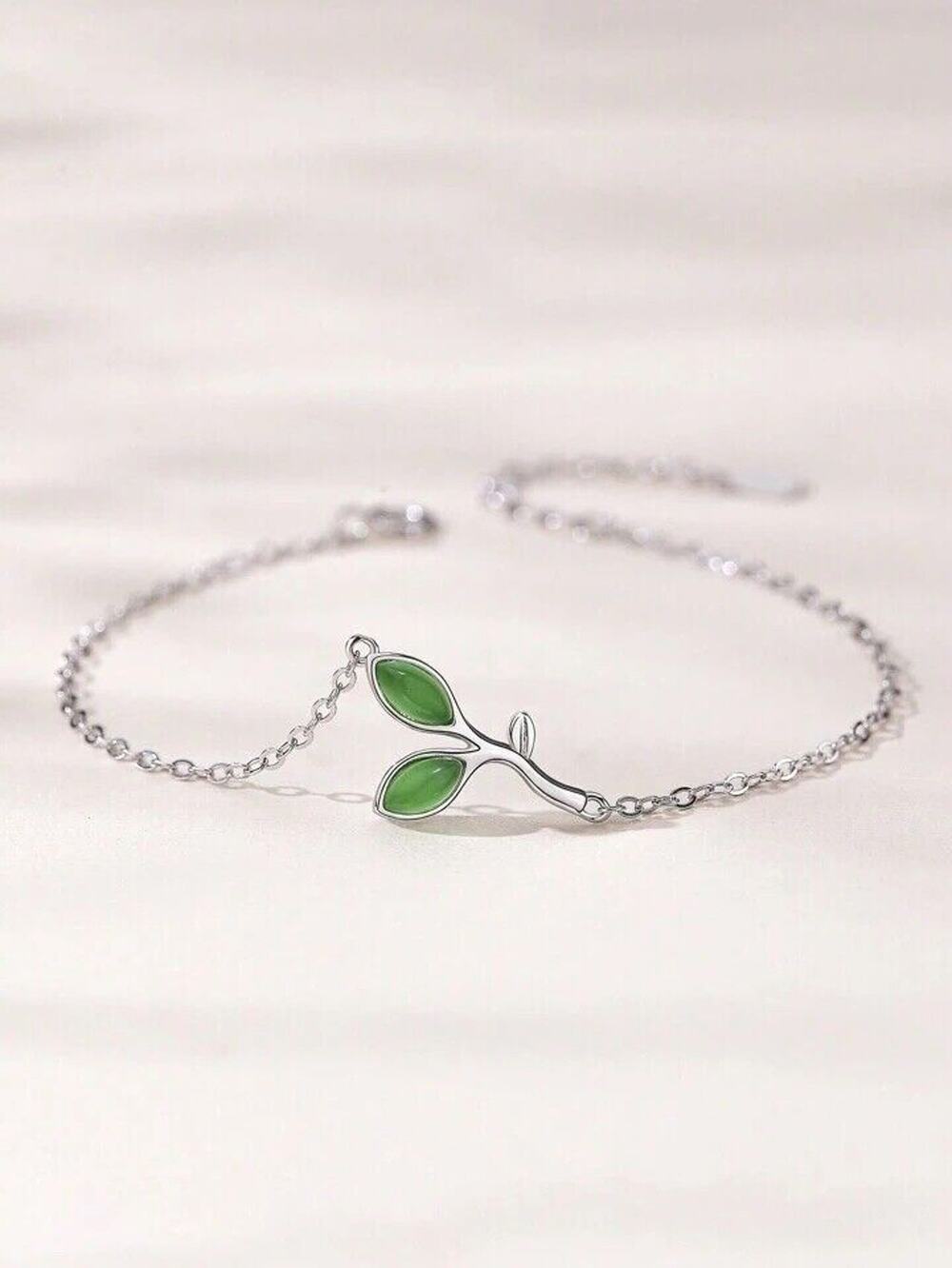 925 Sterling Silver Green Leaf Design Dainty Bracelet New In Box NIB